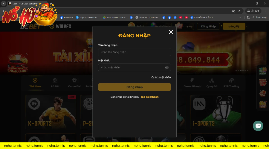 Giao diện đăng nhập trang cá cược bóng đá và game casino trực tuyến DEBET.