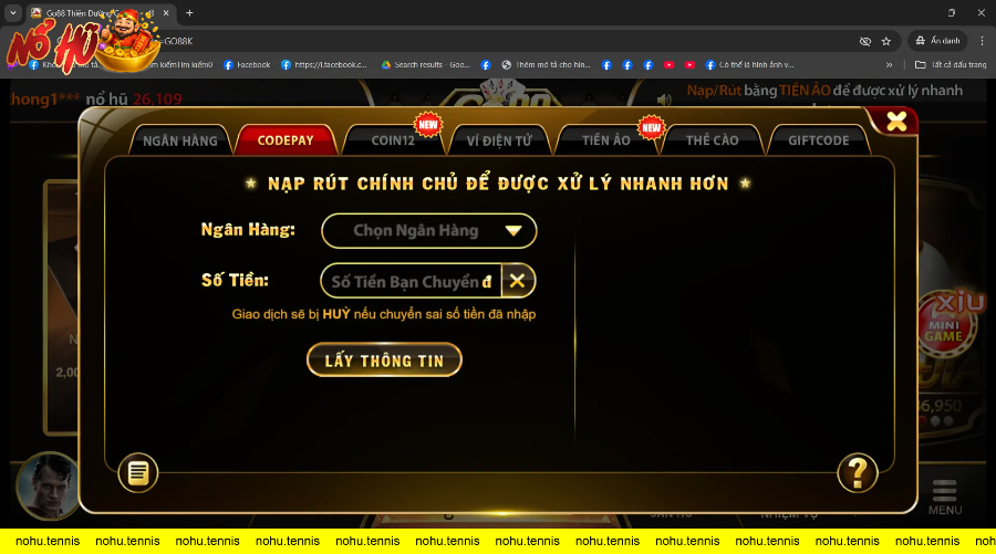 Giao diện nạp tiền ngân hàng trên GO88 casino.