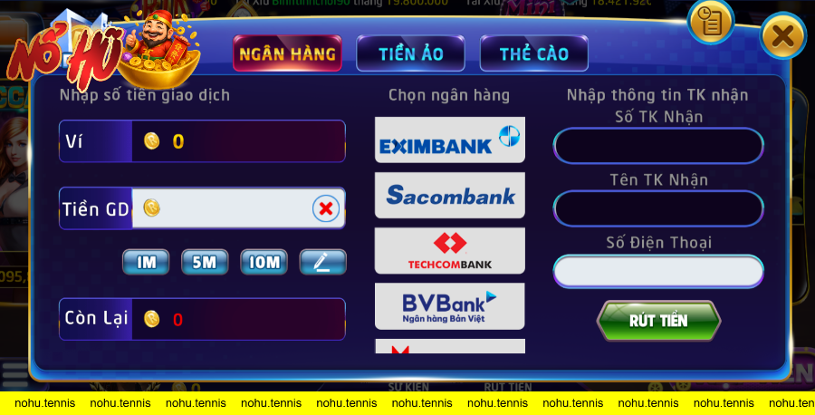 giao diện rút tiền tại RikVip