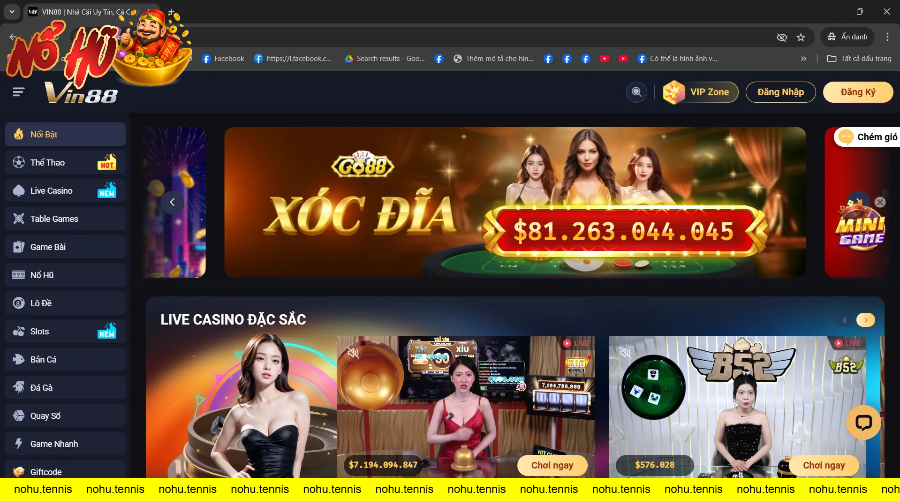 Giao diện trang chủ casino trực tuyến Vin88 với nhiều trò chơi và lựa chọn đăng ký và đăng nhập.
