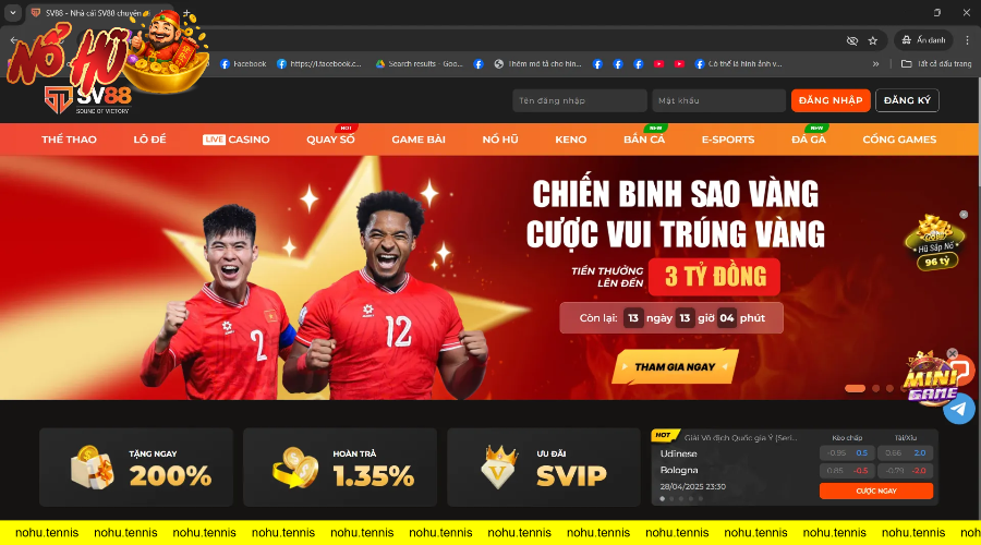 Giao diện trang chủ cổng game casino trực tuyến SV88 với lựa chọn đăng ký và đăng nhập.