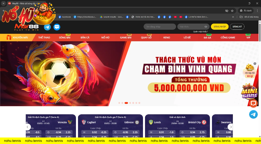 Giao diện trang cược thể thao May88 với hình ảnh cá chép và bóng đá hấp dẫn cùng với lựa chọn đăng ký và đăng nhập