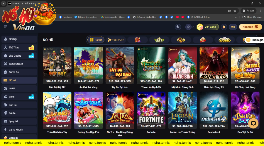 Giao diện trang Nổ Hũ với danh sách trò chơi theo nhiều chủ đề đa dạng jackpot và số tiền thưởng lớn.