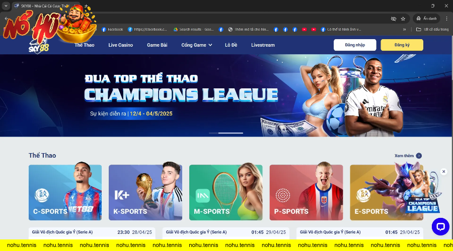 Trang chủ SKY88 với giao diện cá cược bóng đá và esports đa dạng hấp dẫn với lựa chọn đăng ký và đăng nhập.